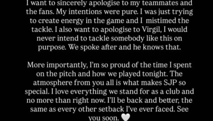 戈登社媒谈染红：我要向范迪克道歉，我绝对不会故意这样铲人