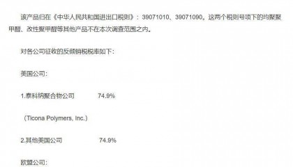 商务部：对原产于美国、欧盟、台湾地区和日本的进口共聚聚甲醛征收反倾销税