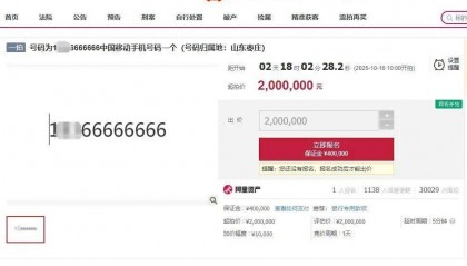 尾号66666666手机号200万元开拍，已有1人报名参加竞拍，超3万人次围观