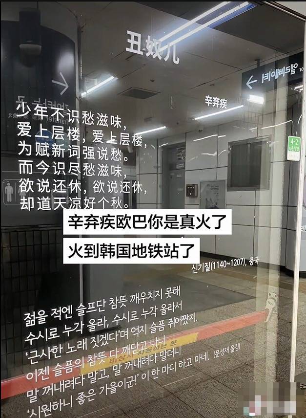 中国游客竟在韩国地铁站看到了辛弃疾的《丑奴儿》,打卡者:还有李白和杜牧的作品
